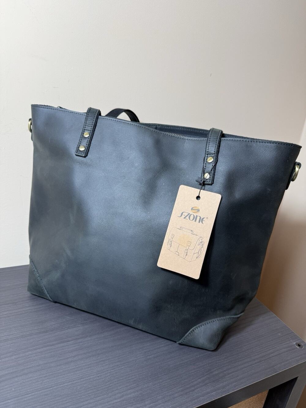 S-ZONE Women's Vintage Leather Work Tote Bag Black Crossbody Strap & Dustbag NEW